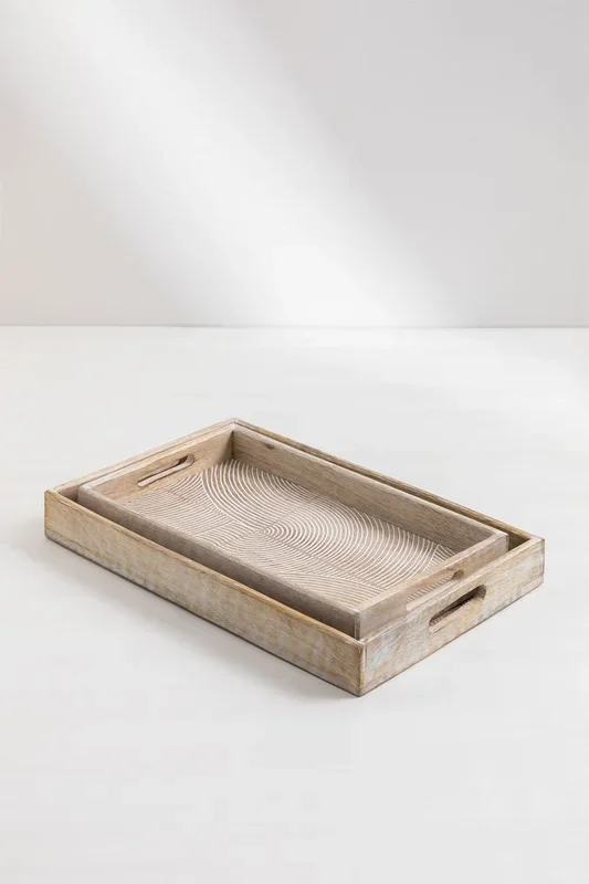 Set de 2 bandejas decorativas en madera de mango Diborna Madera Blanca Vintage – SKLUM