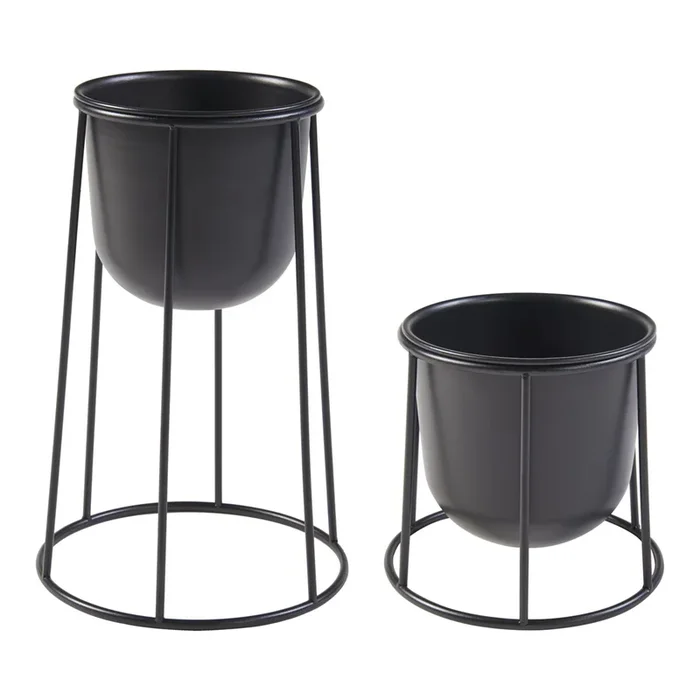 Set de 2 soportes para plantas Nesseby con macateros metal 41xØ 26cm – Negro [en.casa]