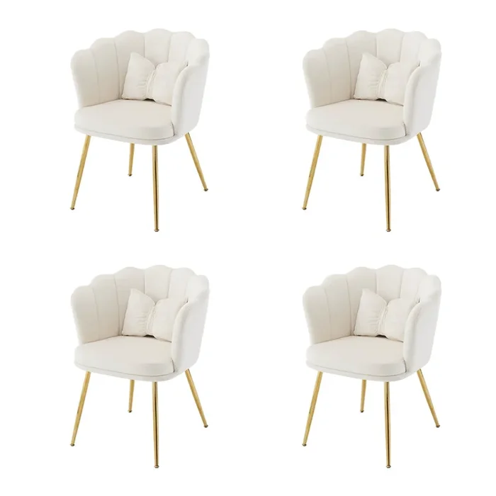 Set de 4 sillas modernas de terciopelo – Sillas de salón, sillas con respaldo en forma de pétalos, patas metálicas doradas, cojín en forma de mariposa – Beige