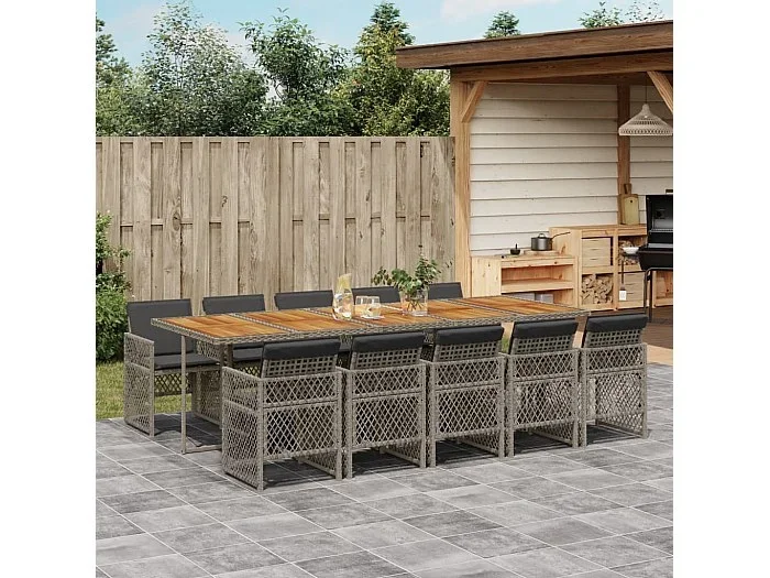Set de comedor de jardín 11 piezas y cojines ratán sintético gris