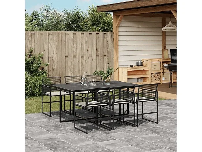 Set de comedor de jardín 7 piezas y cojines ratán sintético negro
