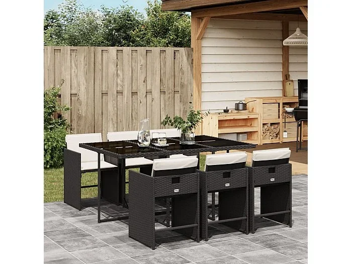 Set de comedor de jardín 7 piezas y cojines ratán sintético negro