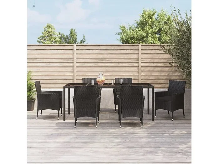 Set de comedor de jardín 7 piezas y cojines ratán sintético negro