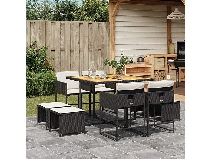 Set de comedor de jardín 9 piezas y cojines ratán sintético negro