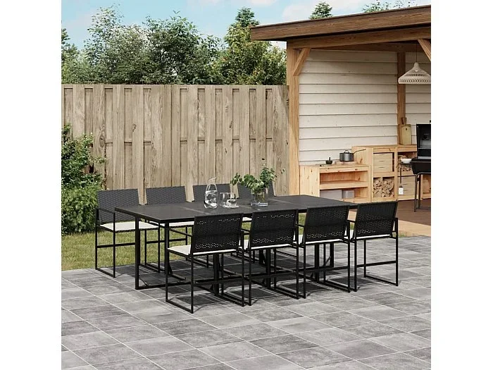 Set de comedor de jardín 9 piezas y cojines ratán sintético negro
