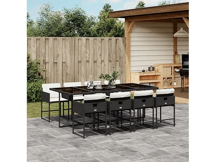Set de comedor de jardín 9 piezas y cojines ratán sintético negro