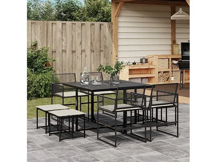Set de comedor de jardín 9 piezas y cojines ratán sintético negro