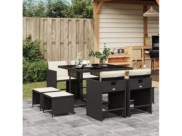 Set de comedor de jardín 9 piezas y cojines ratán sintético negro