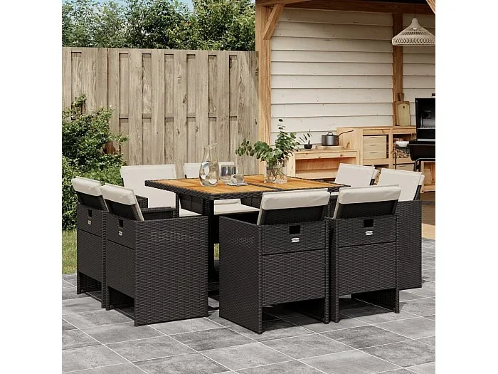 Set de comedor de jardín 9 piezas y cojines ratán sintético negro