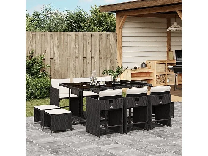 Set de comedor jardín 11 piezas con cojines ratán sintético negro