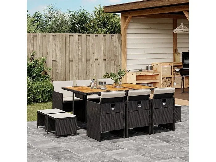 Set de comedor jardín 11 piezas con cojines ratán sintético negro