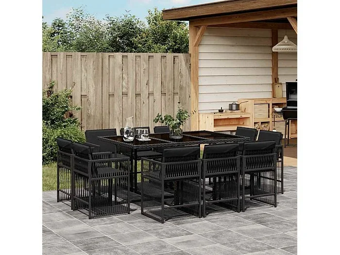 Set de comedor jardín 11 piezas con cojines ratán sintético negro