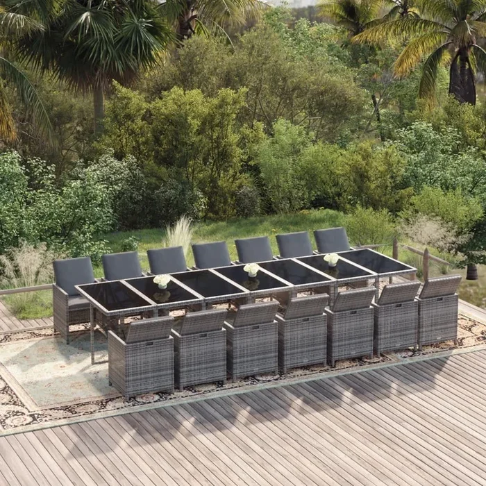 Set de comedor jardín 15 pzas con cojines ratán sintético gris VidaXL