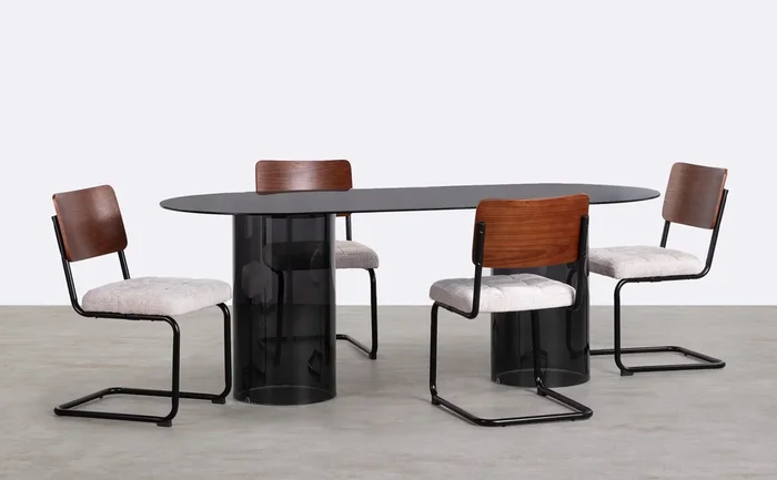Set de Mesa de Comedor Ovalada de Cristal Templado Kolu y 4 Sillas de Madera y Tela Cuba Negro Obsidian – The Masie