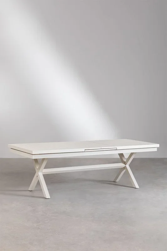 Set de Mesa de Jardín Extensible Rectangular en Aluminio (240-300×100 cm) Karena y 8 Sillas de Jardín con Reposabrazos Omara Blanco Gardenia – SKLUM