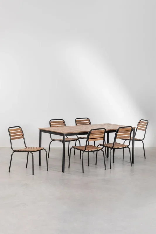 Set de Mesa Rectangular (160×90 cm) y 6 Sillas de Comedor Apilables en Acero y Madera de Acacia Artus Negro – SKLUM