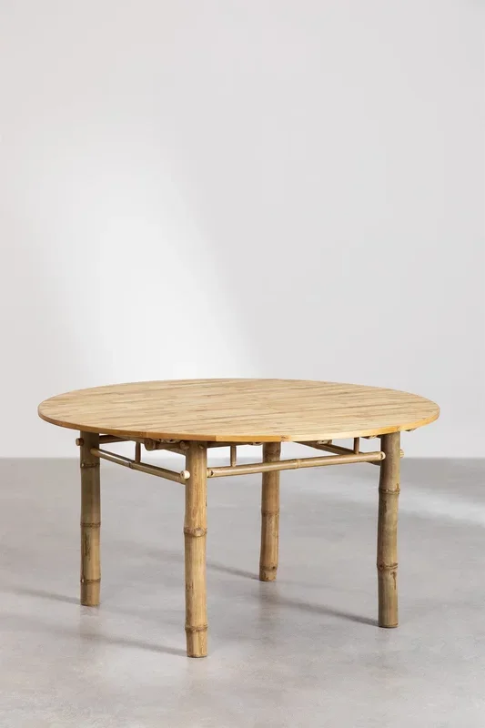 Set de Mesa Redonda (Ø140 cm) Senia y 6 Sillas de Jardín Plegables en Bambú Nelida Bambú Blanco Gardenia – SKLUM