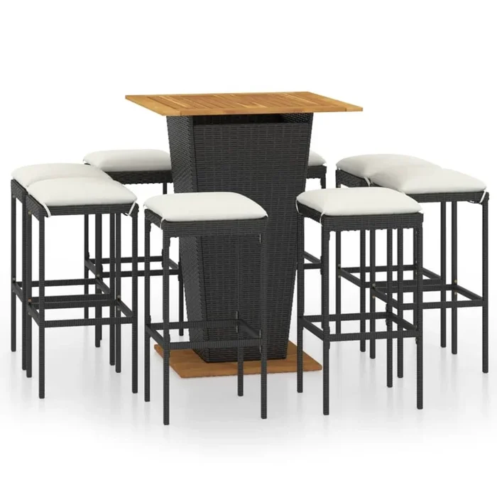 Set de muebles de bar de jardín 9 pzas y cojines ratán PE negro