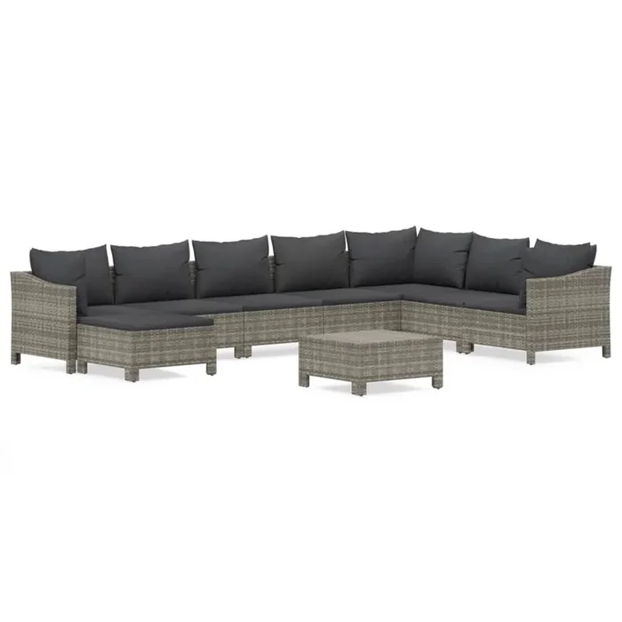 Set de muebles de jardín 9 pzas y cojines ratán sintético gris VidaXL