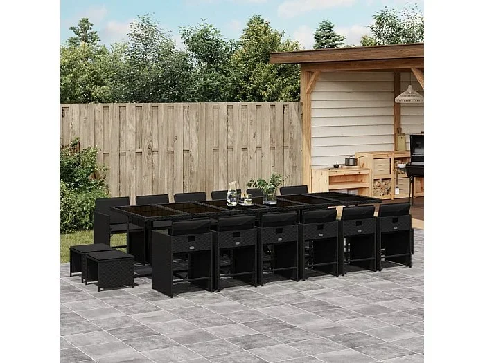 Set de muebles jardín 17 piezas con cojines ratán sintético negro