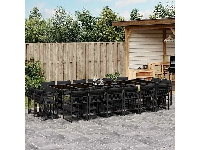Set de muebles jardín 17 piezas con cojines ratán sintético negro
