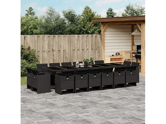 Set de muebles jardín 17 piezas con cojines ratán sintético negro