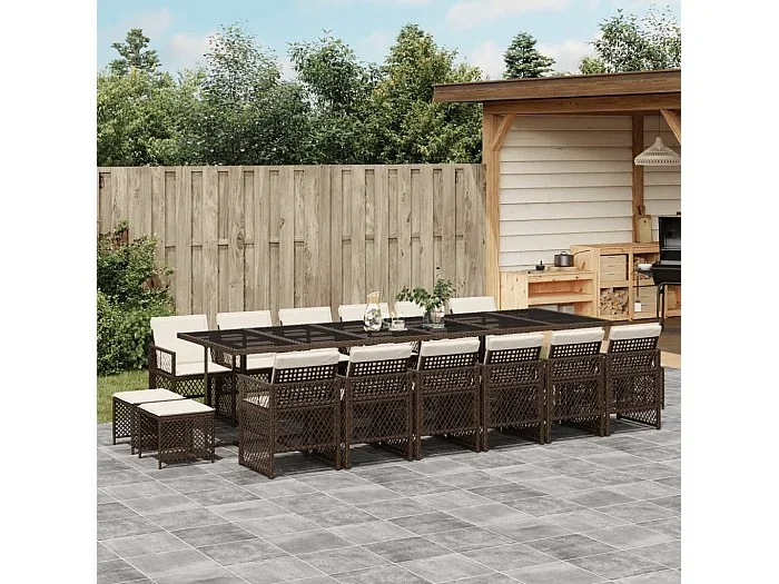 Set de muebles jardín 17 piezas y cojines ratán sintético marrón