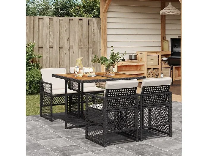 Set de muebles jardín 5 piezas con cojines ratán sintético negro
