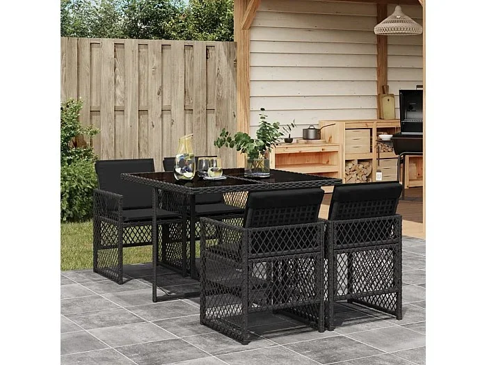 Set de muebles jardín 5 piezas con cojines ratán sintético negro