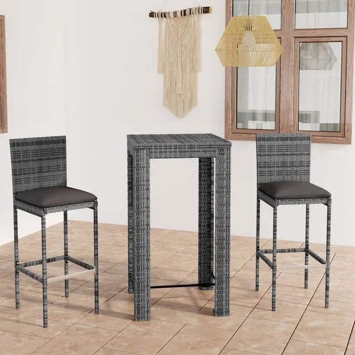 Set muebles bar jardín 3 piezas y cojines ratán sintético gris VidaXL