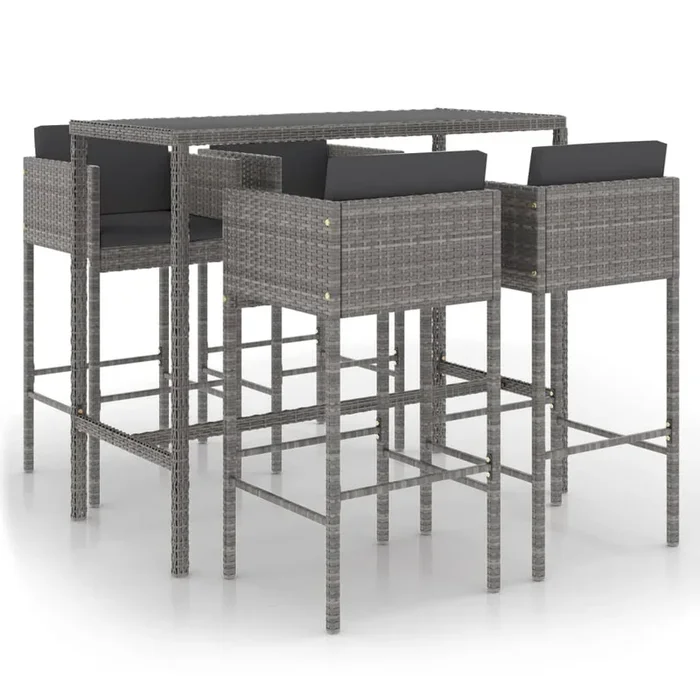 Set muebles de bar jardín 5 pzas y cojines ratán sintético gris