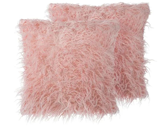 Set of 2 Decorative Cushions DAISY Faux Fur 45 x 45 cm Pink Solid