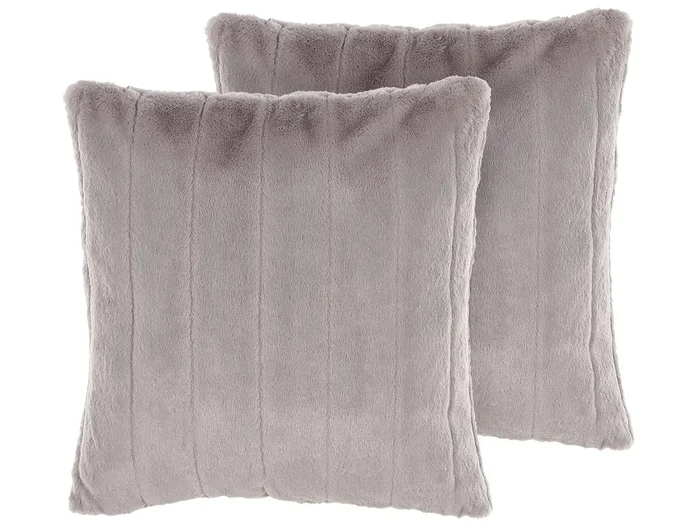 Set of 2 Decorative Cushions PUMILA Faux Fur 45 x 45 cm Light Grey Striped