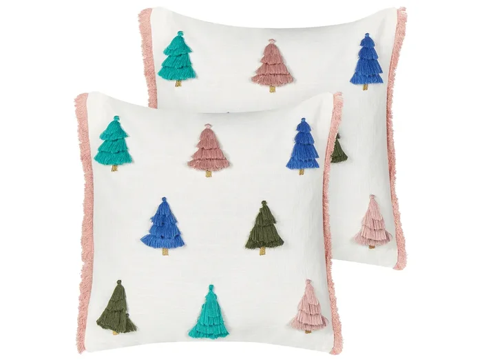 Set of 2 Decorative Cushions SKIMMIA Cotton 45 x 45 cm White Christmas Motif