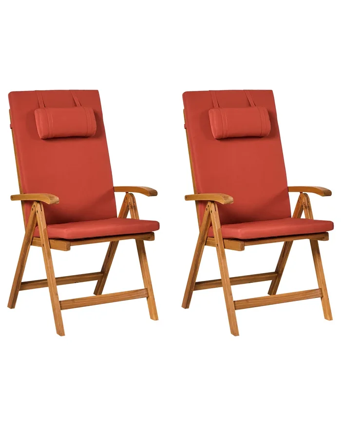 Set of 2 Garden Chairs with Cushions JAVA PREMIUM Acacia Wood Red