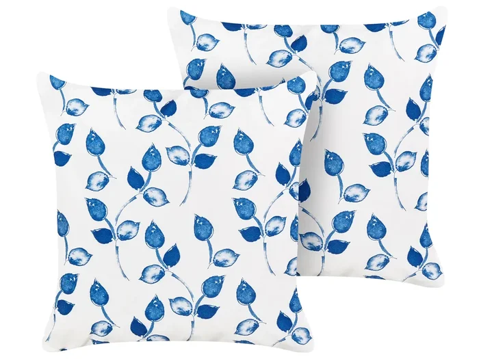 Set of 2 Outdoor Cushions TORBORA Plant Pattern 45 x 45 cm White Blue