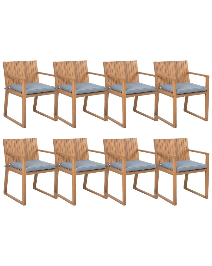 Set of 8 Garden Chairs with Cushions SASSARI Acacia Wood Blue