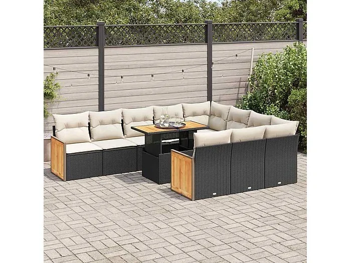 Set sofás jardín y cojines 11 piezas ratán sintético acacia negro