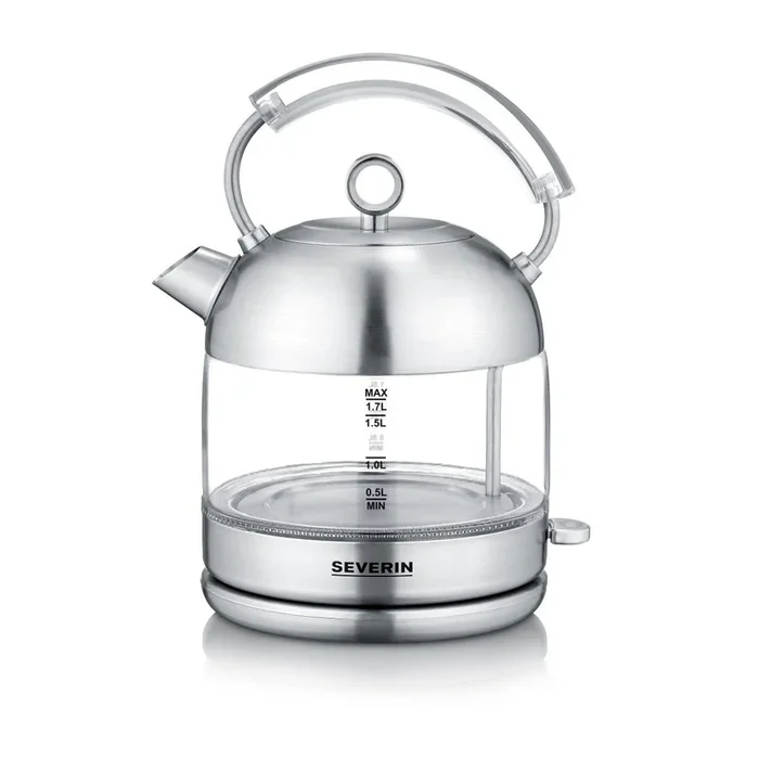 SEVERIN – Hervidor de agua retro , 2.400 W, 1.7 L, Elemento calefactor cubierto por placa de acero inoxidable, Vidrio / Acero inoxidable cepillado, WK 3459