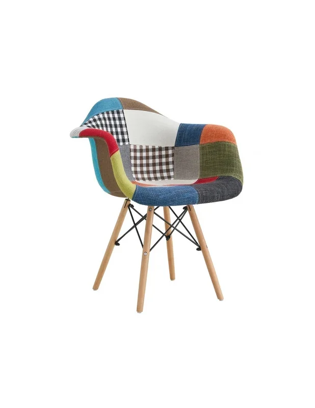 Silla con brazos TOWER PATCH diseño icónico, madera y tejido PATCHWORK