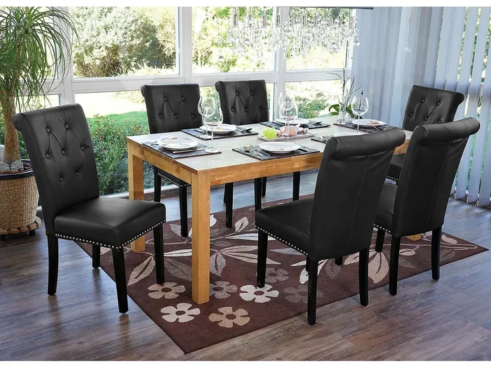 Silla de comedor Chesterfield II (juego de 6), imitación de cuero, negro, patas oscuras