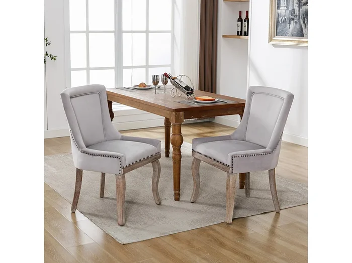 Silla de comedor de terciopelo con patas de madera maciza, diseño cómodo y elegante, gris, para cocina, salón, juego de 2