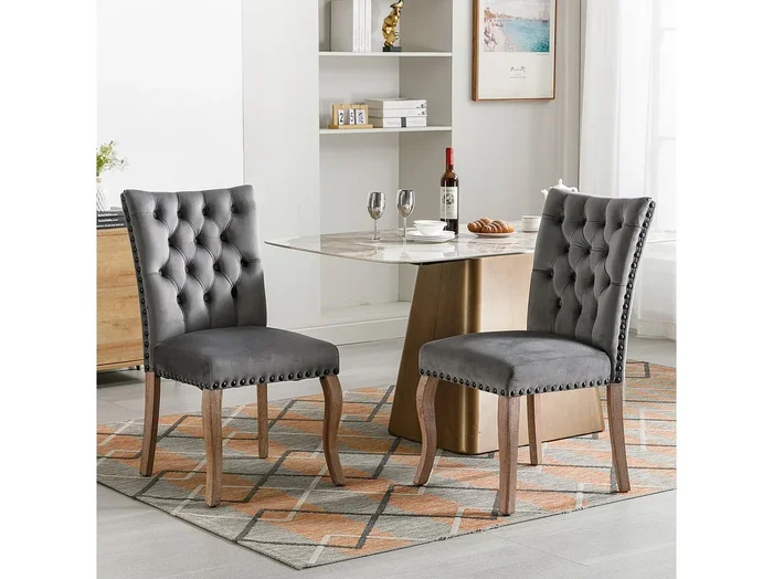 Silla de comedor de terciopelo gris con respaldo de aro decorativo y patas de madera maciza tachonadas, 49 x 63 x 95 cm, juego de 2