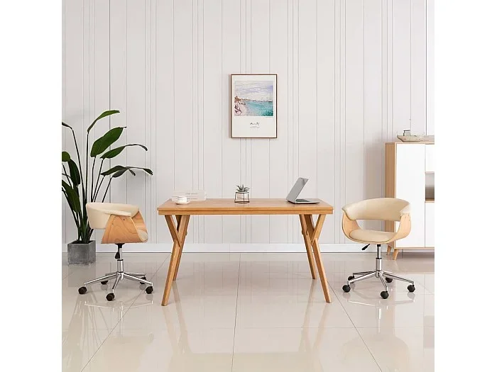 Silla de comedor giratoria madera curvada cuero sintético crema