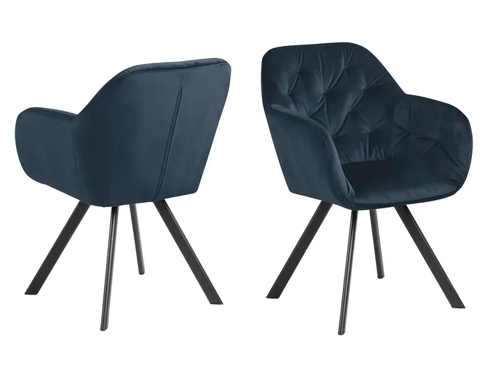 Silla de comedor Lora con reposabrazos color azul.