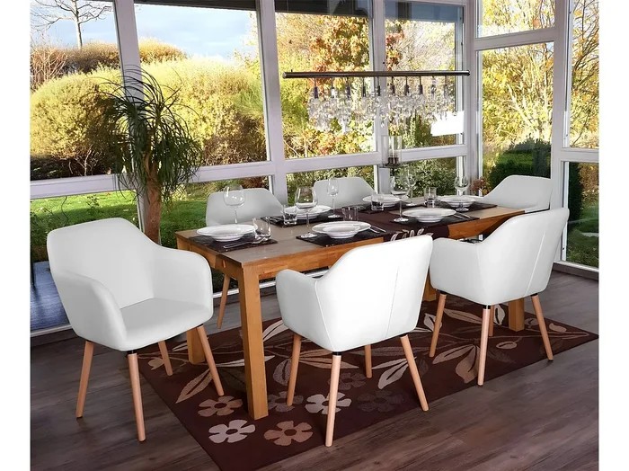 Silla de comedor Vaasa T381 (juego de 6), polipiel, blanco, patas claras