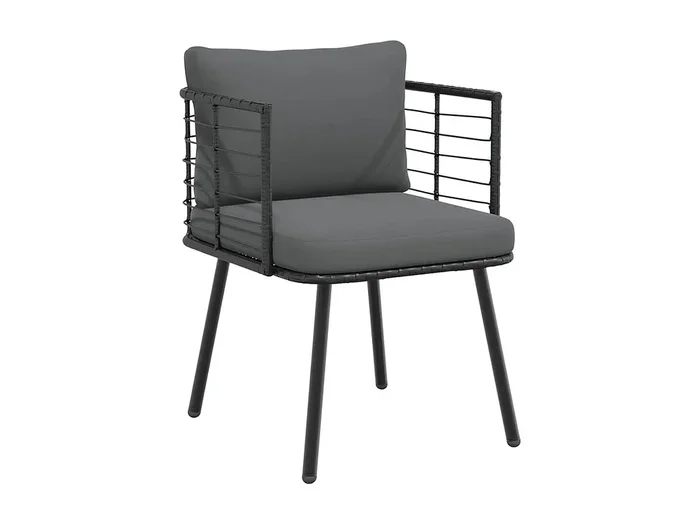 Silla de jardín con cojines de mimbre de resina negra.