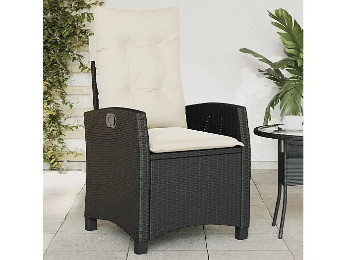 Silla de jardín reclinable con cojines de mimbre de resina negra