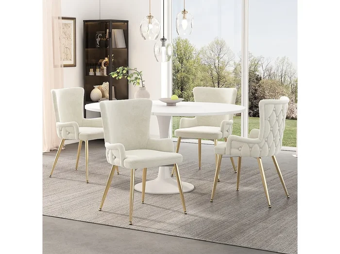 Silla de terciopelo beige con patas estables de metal dorado, sillón para sala de estar, dormitorio, juego de 4