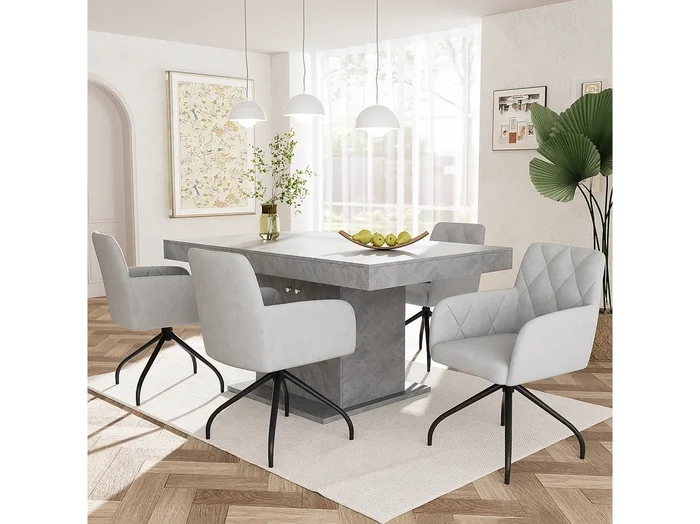Silla giratoria de 360° de terciopelo gris con respaldo de diamante y patas de metal ajustables para sala de estar, oficina y salón, juego de 4